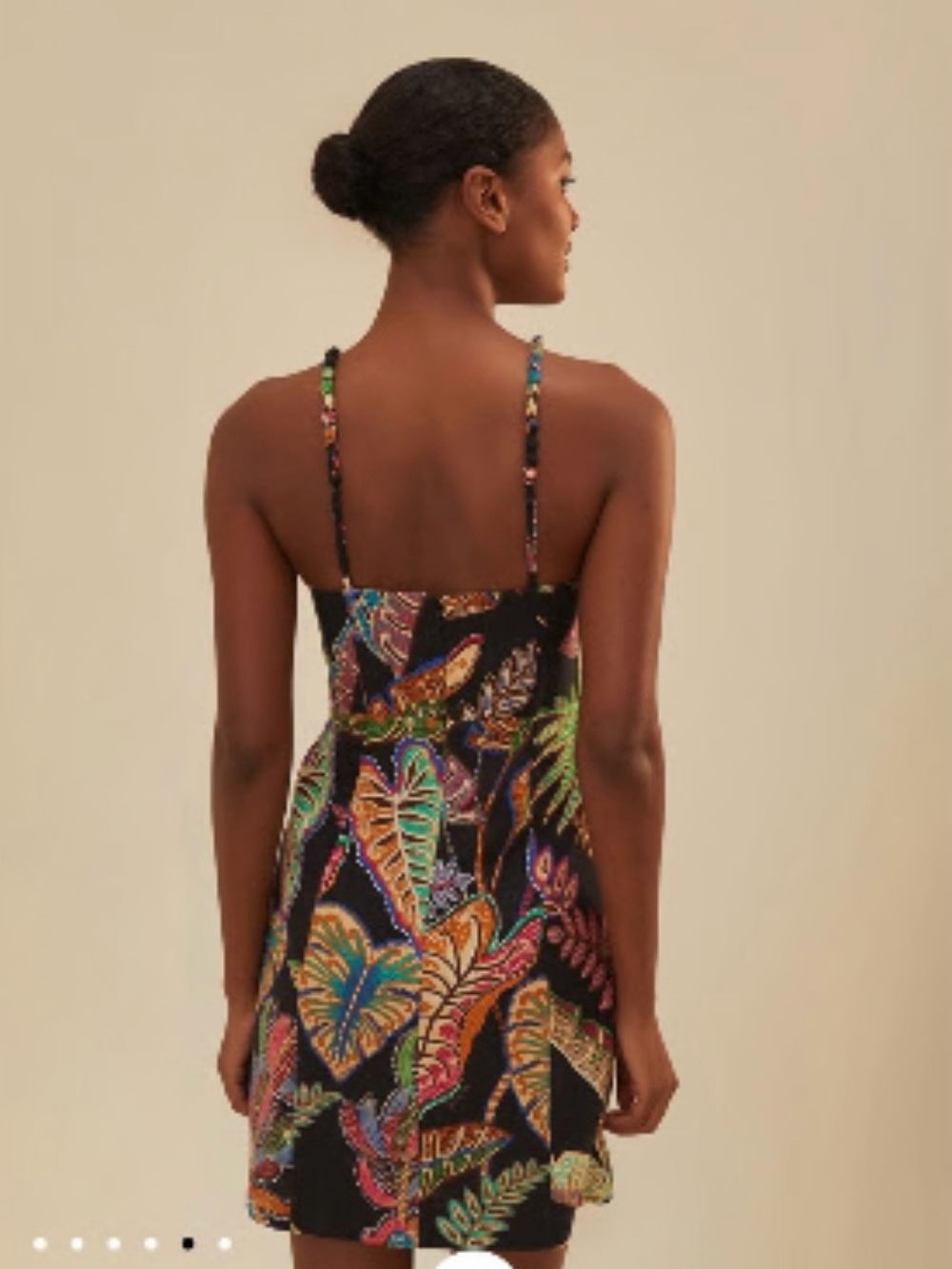FARM Rio Tropical Leaf Mini Dress Beaded Strap Black Multicolor NWOT - Size L - Picture 2 of 7